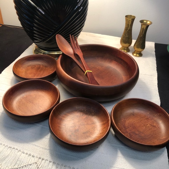 Vintage Baribocraft Wooden Salad Bowl Set with Fork and Spoon Dining 7 Piece Set - Picture 1 of 10